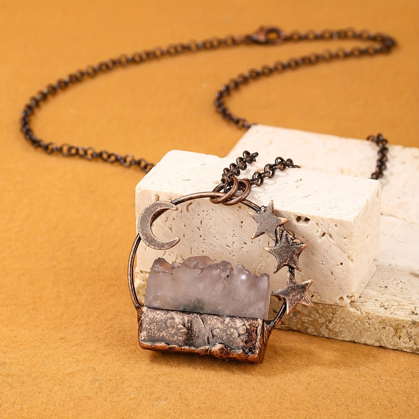 Boho-Chic Vintage Amethyst Crystal Pendant Necklace with Moon & Star Charms - Perfect for Parties, Ramadan Gift for Her