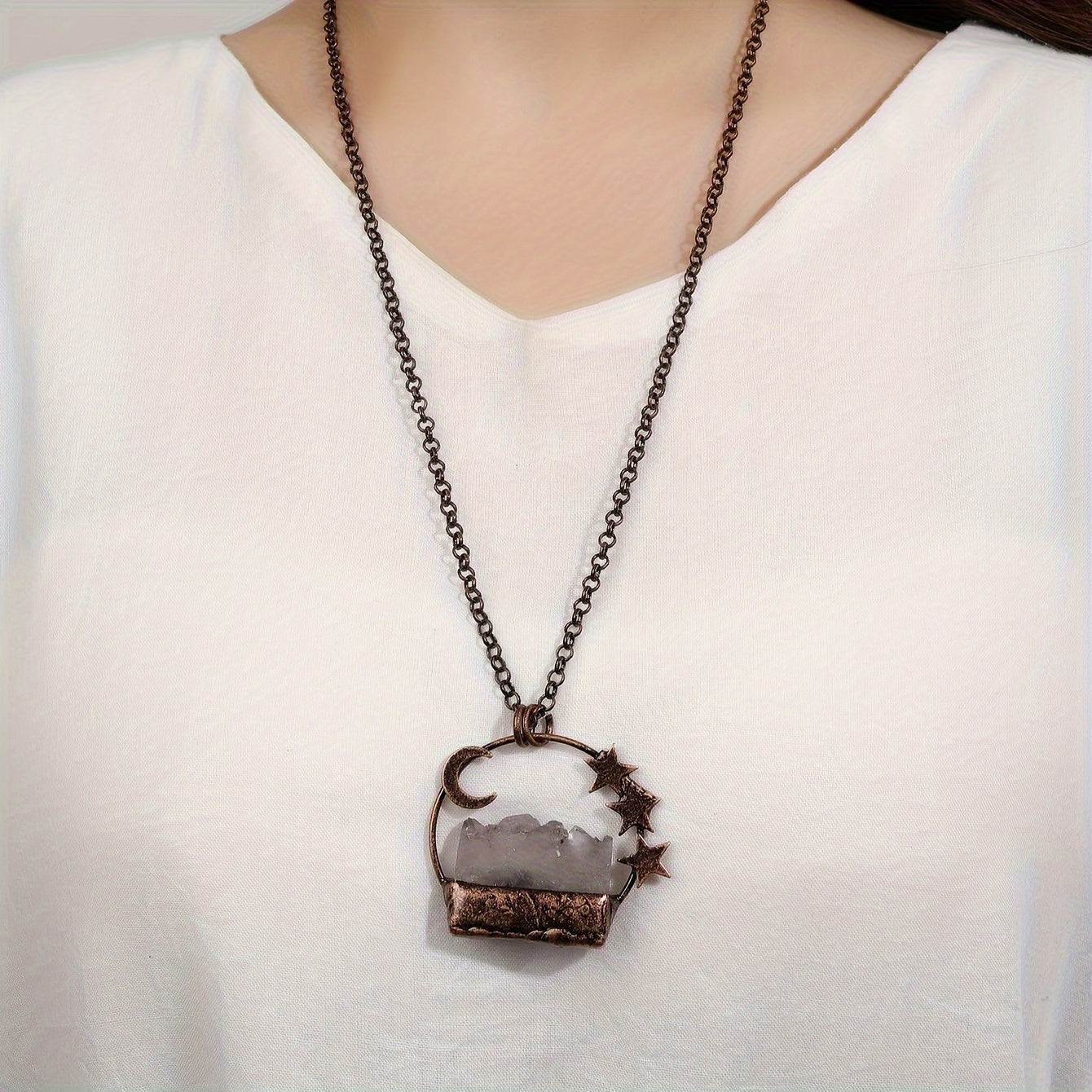 Boho-Chic Vintage Amethyst Crystal Pendant Necklace with Moon & Star Charms - Perfect for Parties, Ramadan Gift for Her