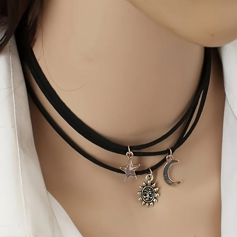 Copper Celestial Choker Necklace Set | Sun, Moon, and Star Pendants, Cord Layered