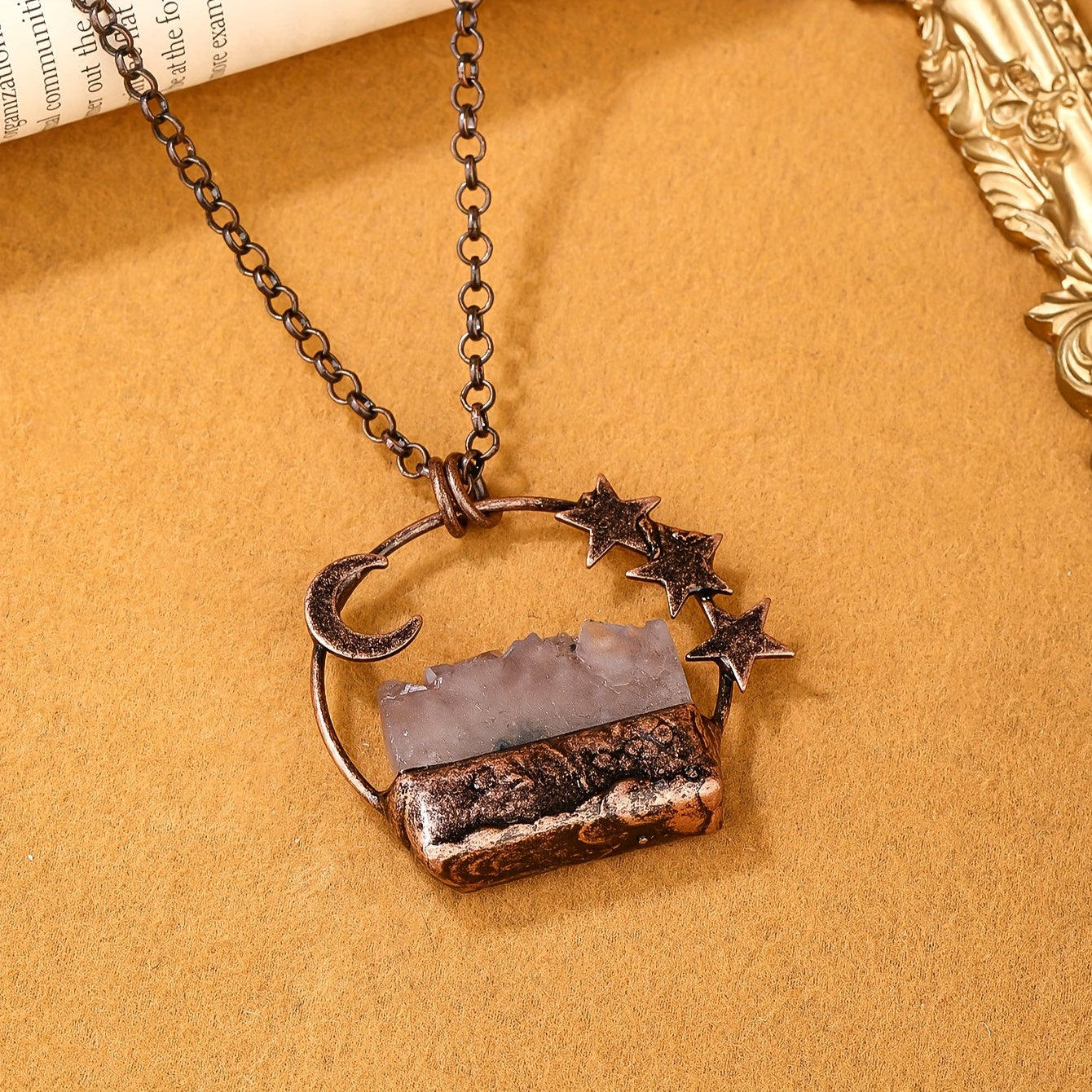 Boho-Chic Vintage Amethyst Crystal Pendant Necklace with Moon & Star Charms - Perfect for Parties, Ramadan Gift for Her