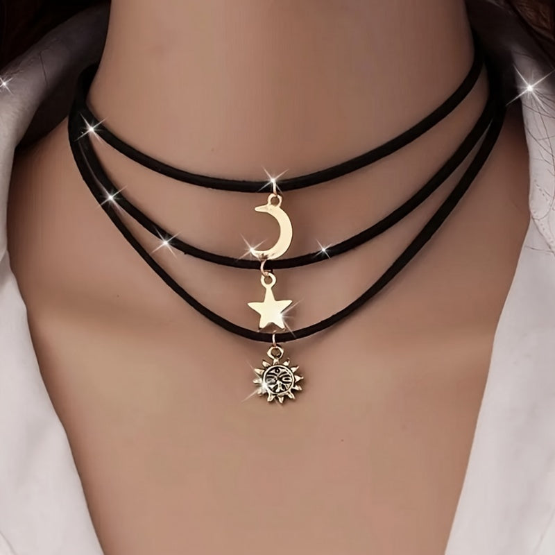 Copper Celestial Choker Necklace Set | Sun, Moon, and Star Pendants, Cord Layered