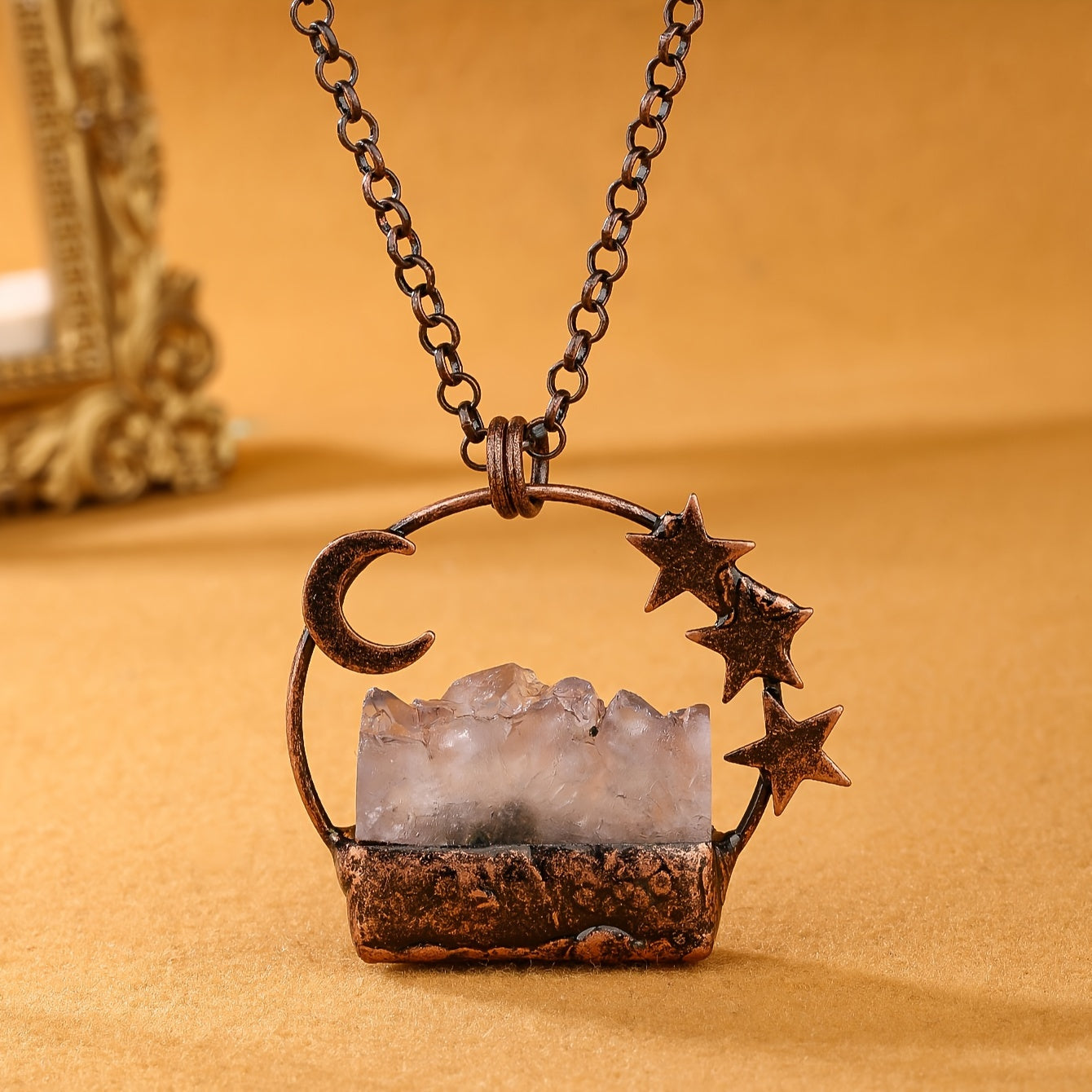 Boho-Chic Vintage Amethyst Crystal Pendant Necklace with Moon & Star Charms - Perfect for Parties, Ramadan Gift for Her