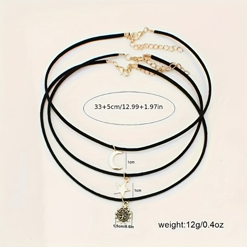 Copper Celestial Choker Necklace Set | Sun, Moon, and Star Pendants, Cord Layered